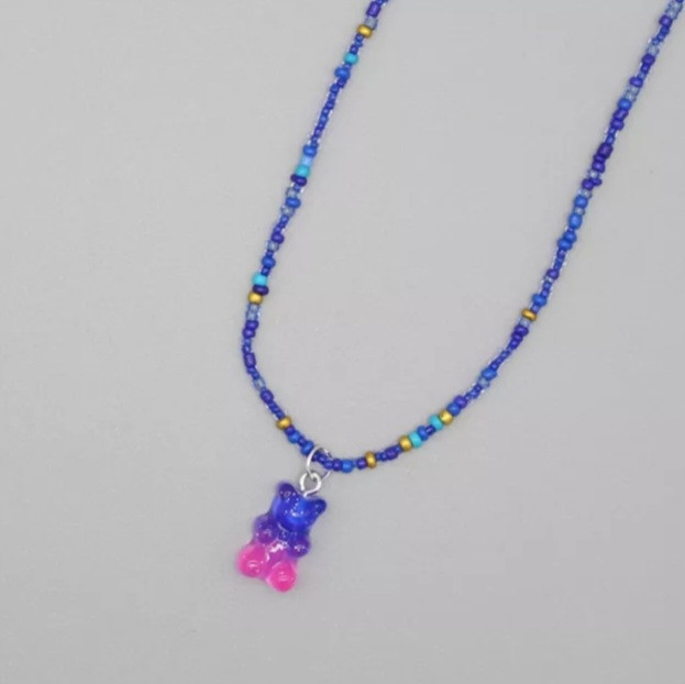 Кулон мишка с цепочкой из бисера 40 см сине-розовый Киев - изображение 1