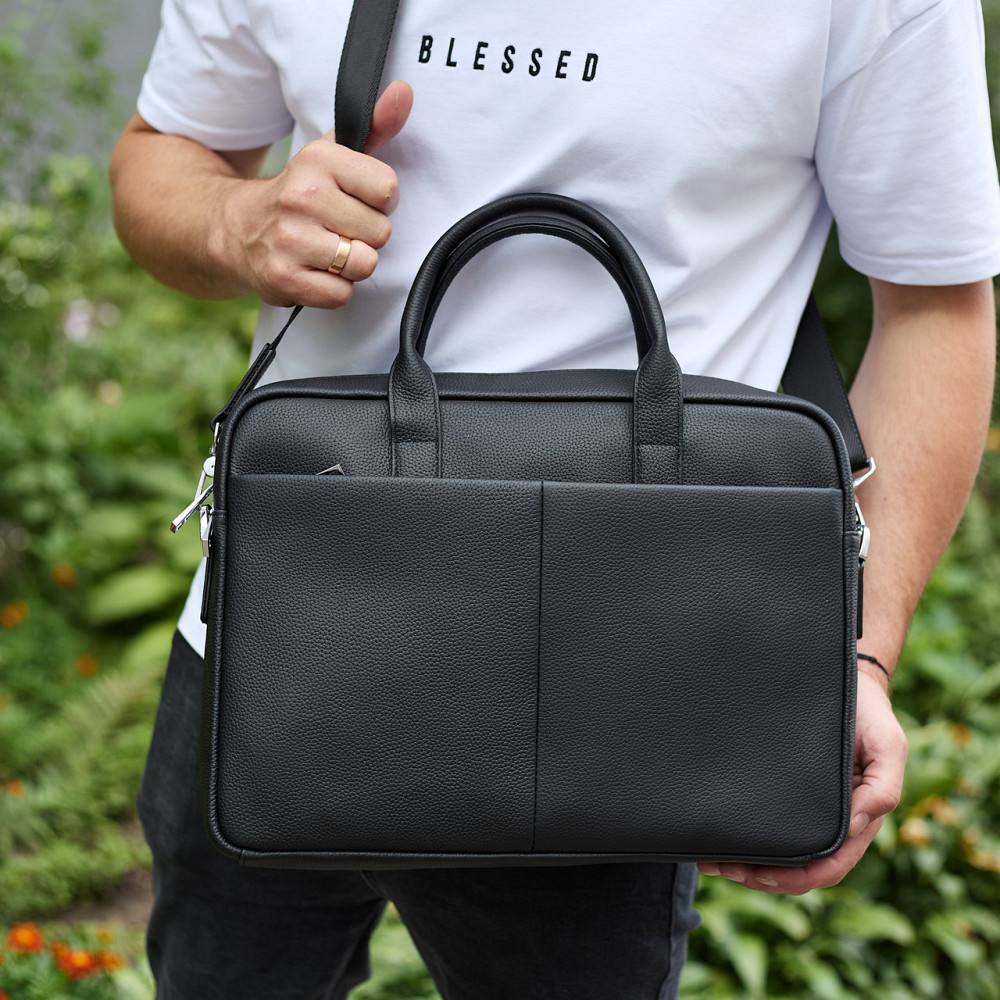 Чоловічий портфель на плече 38х28х8.5, офісний шкіряний месенджер, чоловіча ділова сумка для міста, чорна Київ - фото 8
