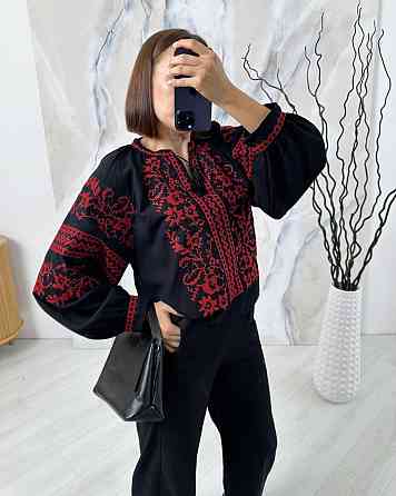 Женская современная вышиванка с красной вышивкой 80% коттон, 20% полиэстер Черный, 42 Одесса