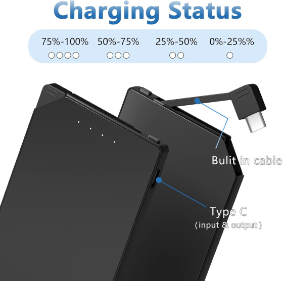 Повербанк 5000 мАг з вбудованим Lightning кабелем для iPhone, тонкий Power Bank, компактний, LED індикатор, 115 г Київ