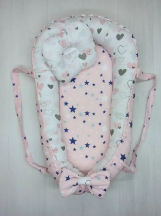 Позиціонер для новонародженого кокон, babynest з ручками, зі знімним дном + подушка BST Серце Рожево-сіре Кривий Ріг