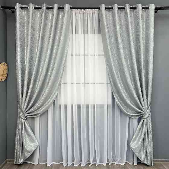 Комплект штор на люверсах VR-Textil Льон мармур Pavliani ХО № 1911ш Світло-сірий 150х250 см 2 шт (37-0322) Київ