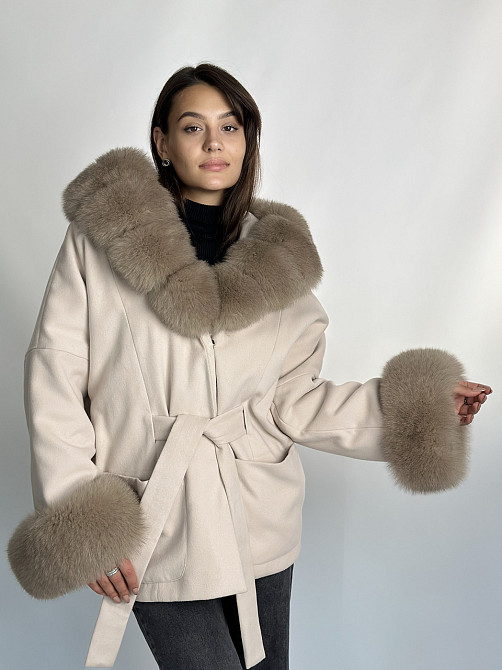 Пончо женское с мехом капюшон и манжеты Пудровый Харьков - изображение 1