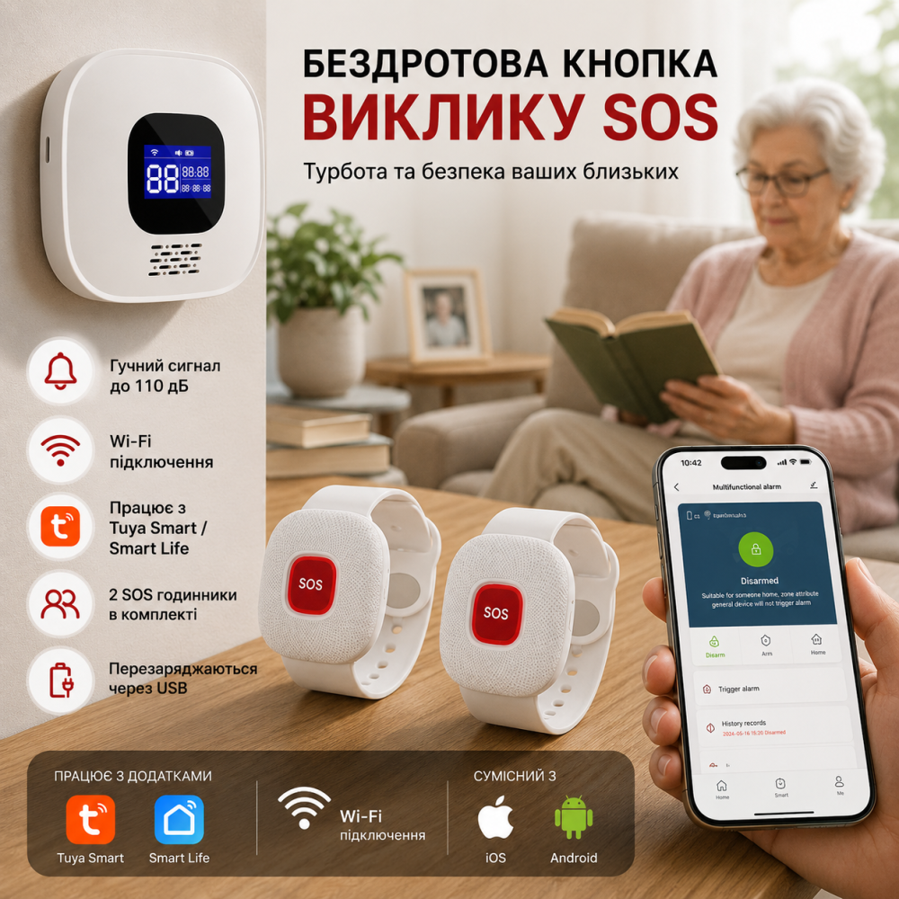 Бездротова кнопка виклику SOS для літніх людей НАЛАКАЛ, 2 SOS годинники + приймач, 110 дБ, Wi-Fi, Tuya Smart, Smart Life Київ - фото 7