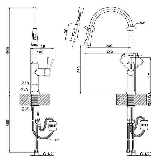 Змішувач для кухні Qtap Baruska з висувним виливом QTBAR9137103UB Black Matt чорний Київ