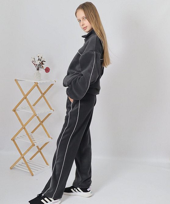 Дитячий флісовий теплий костюм на зиму (толстовка на затяжках + штани з кантом) Графіт 80 Кам'янець-Подільський - фото 3