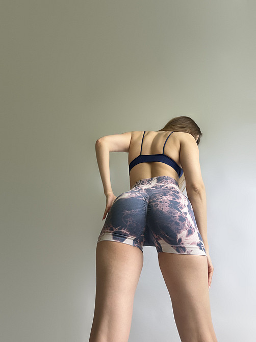 Жіночі шорти push up(пуш ап) облягаючі Marble спортивні для фітнесу з високою талією мармурові світло сірі фіолетово- рожеві Одеса - фото 6