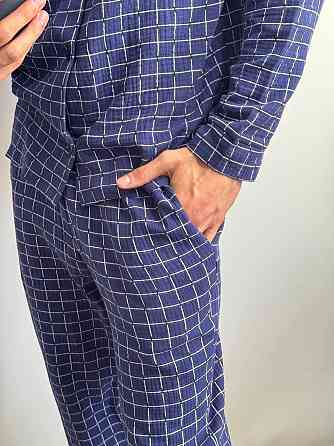 Мужской домашний костюм из муслиновой ткани на пуговицах Синий M-L Харьков