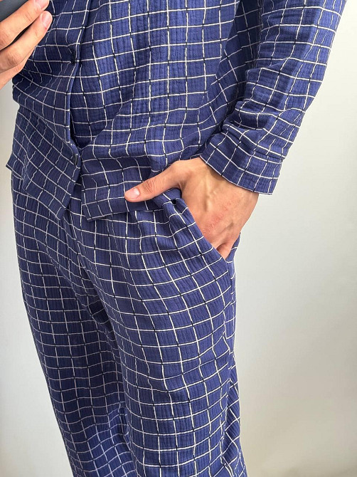 Чоловічий домашній костюм з муслінової тканини на ґудзиках Синій M-L Харків - фото 3