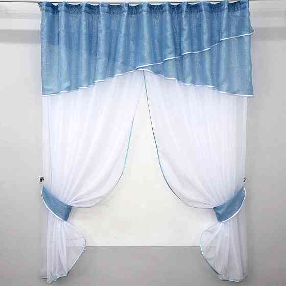 Кухонні штори VR-Textil № 091к з ламбрекеном і підв'язками блакитний з білим 270х170 см (52-0095) Київ