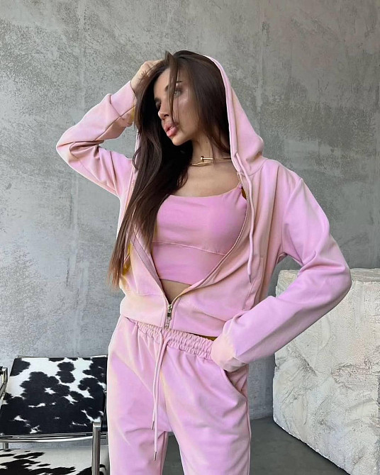 Жіночий прогулянковий костюм-трійка: кофта топ і штани двонитка Рожевий, 46/48 Одеса - фото 3