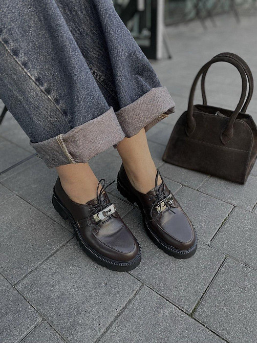 Nikos Туфлі жіночі на низькому ходу класичні з натуральної шкіри на шнурках 2129 шоколадні весн Коломия - фото 4