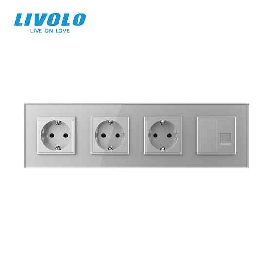 Розетка чотиримісна комбінована Силова Інтернет Livolo сірий скло (VL-C7C3EU1CK0-15) Коломыя