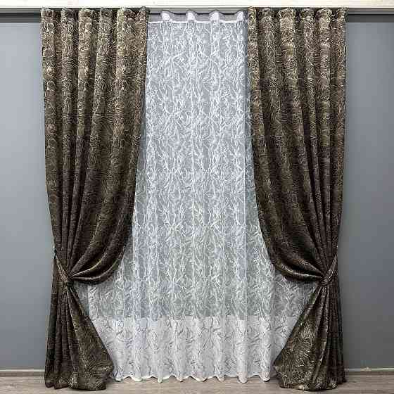 Комплект штор VR-Textil Жакард Fantasy 200х270 2шт і Тюль 600х270 1632ш-1783т Венге з білим 71-051/7 Київ