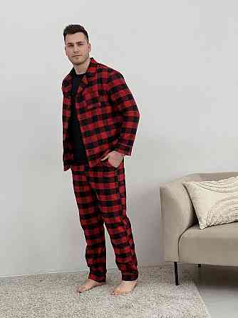 Піжама тепла чоловіча COSY з фланелі (штани + сорочка + футболка) клітинка червоно/чорна L Київ