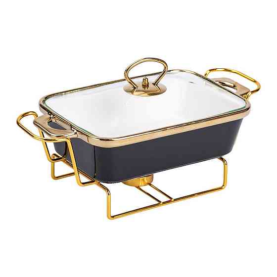 Мармит фарфоровый со стеклянной крышкой 31х16х15.5 см на металлической подставке 1 л Черный HTJ-1001 Киев