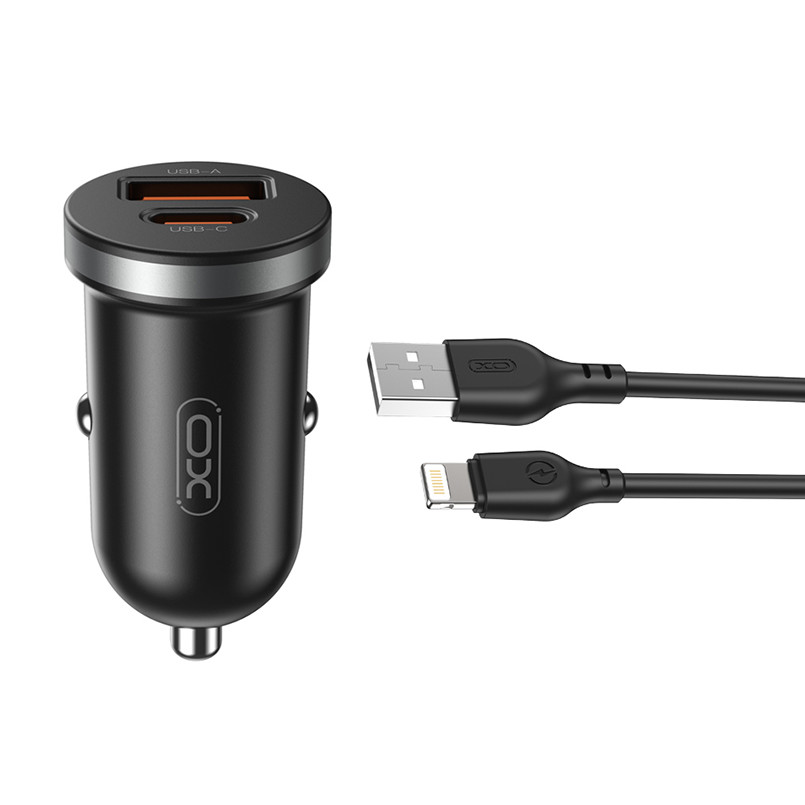Автомобільний зарядний пристрій XO CC56 Plastic mini 30W+ Lightning кабель чорний Львів - фото 1