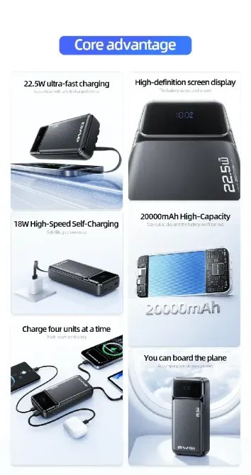 Зовнішній акумулятор Power Bank AWEI PA-93 20000 мАг 22.5W QC3.0 PD дисплей швидка зарядка LED індикатор Одеса - фото 10
