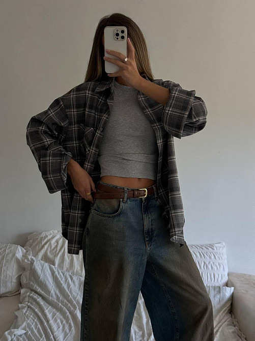 Жіноча трендова сорочка оверсайз у клітинку фланель Сірий Одеса - фото 10