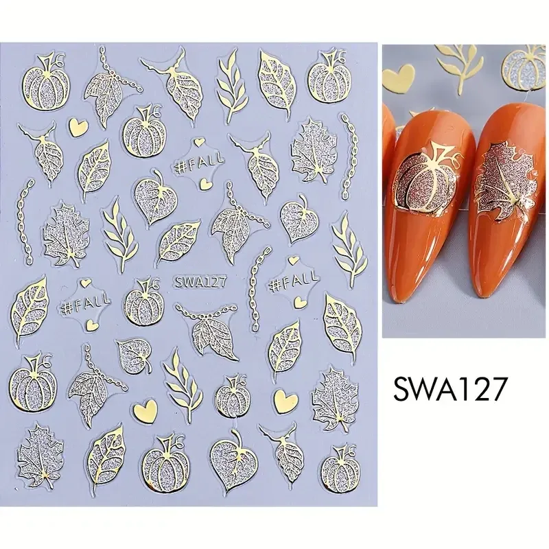 3D стикеры для ногтей Осень и Хэллоуин – тыквы, привидения, паутина, листья, золотой декор 2 листа Киев - изображение 5
