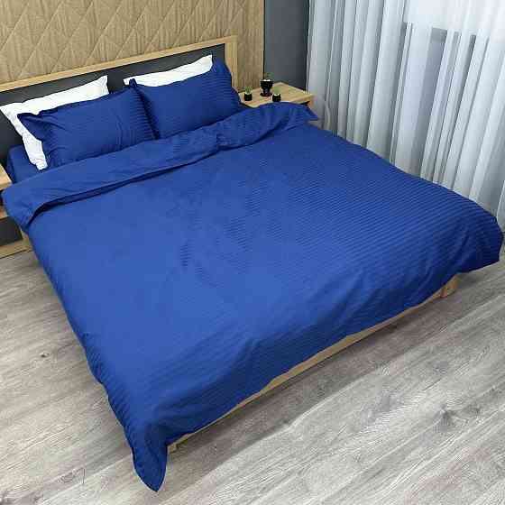 Комплект постельного белья Страйп-сатин Двуспальный 180х220 с простыней на резинке Синий (88-090) Киев