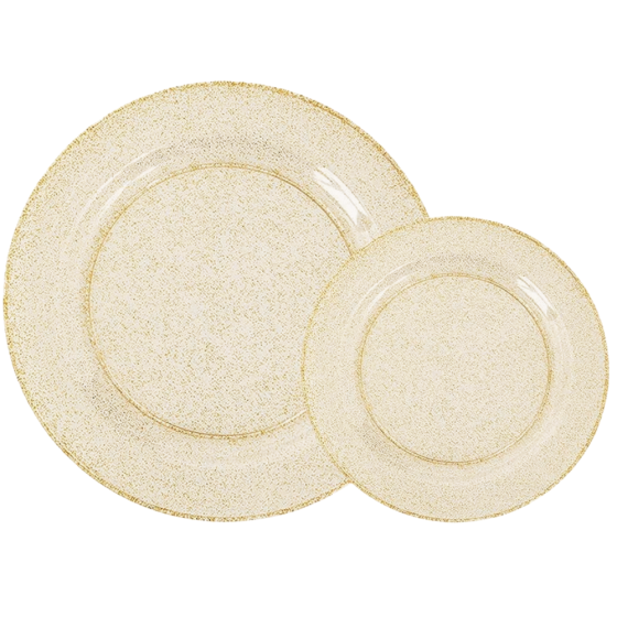 Набор тарелок пластиковые 12 штук круглые,обеденные 26 см и десертные 19 см, золотые прозрачные с блестками Каменец-Подольский
