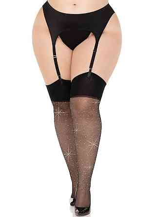 Чулки со стразами Leg Avenue Wide Top Rhinestone Sheer Stockings, 1X/2X, черные, выше колена Sex Aura Киев