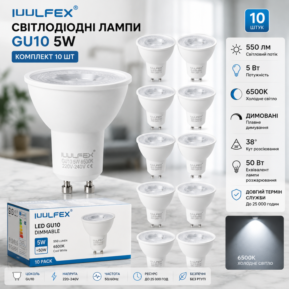 Светодиодные лампы IuulFex GU10 5 Вт, 550 лм, 6500K, диммируемые, 38°, аналог 50 Вт, комплект 10 шт. Киев - изображение 8