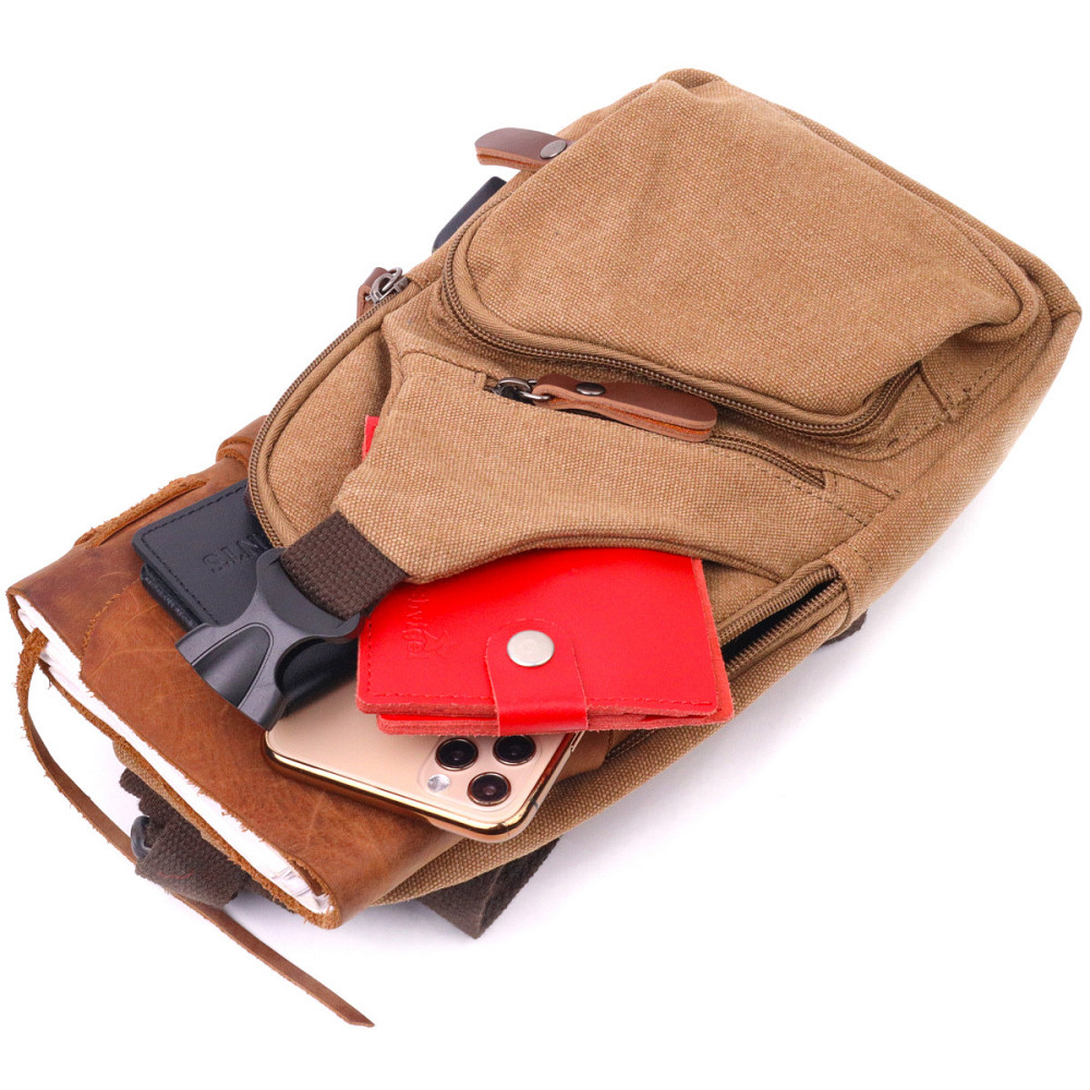 Практичная мужская сумка через плечо с USB кабелем текстильная 21222 Vintage Коричневая Киев - изображение 4