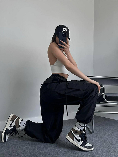 Жіночі широкі плащові штани карго матова плащівка Чорний, 44/46 Одеса - фото 4