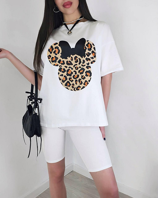 Женский летний костюм двойка: футболка с микки маусом и велосипедки турецкий кулир Белый, 46/48 Одесса - изображение 1
