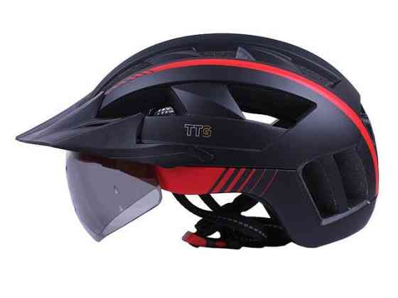 Шлем велосипедный GTS-H-050 с красным габаритным фонарем, козырьком, очками (черный с красным, size L) Мукачево
