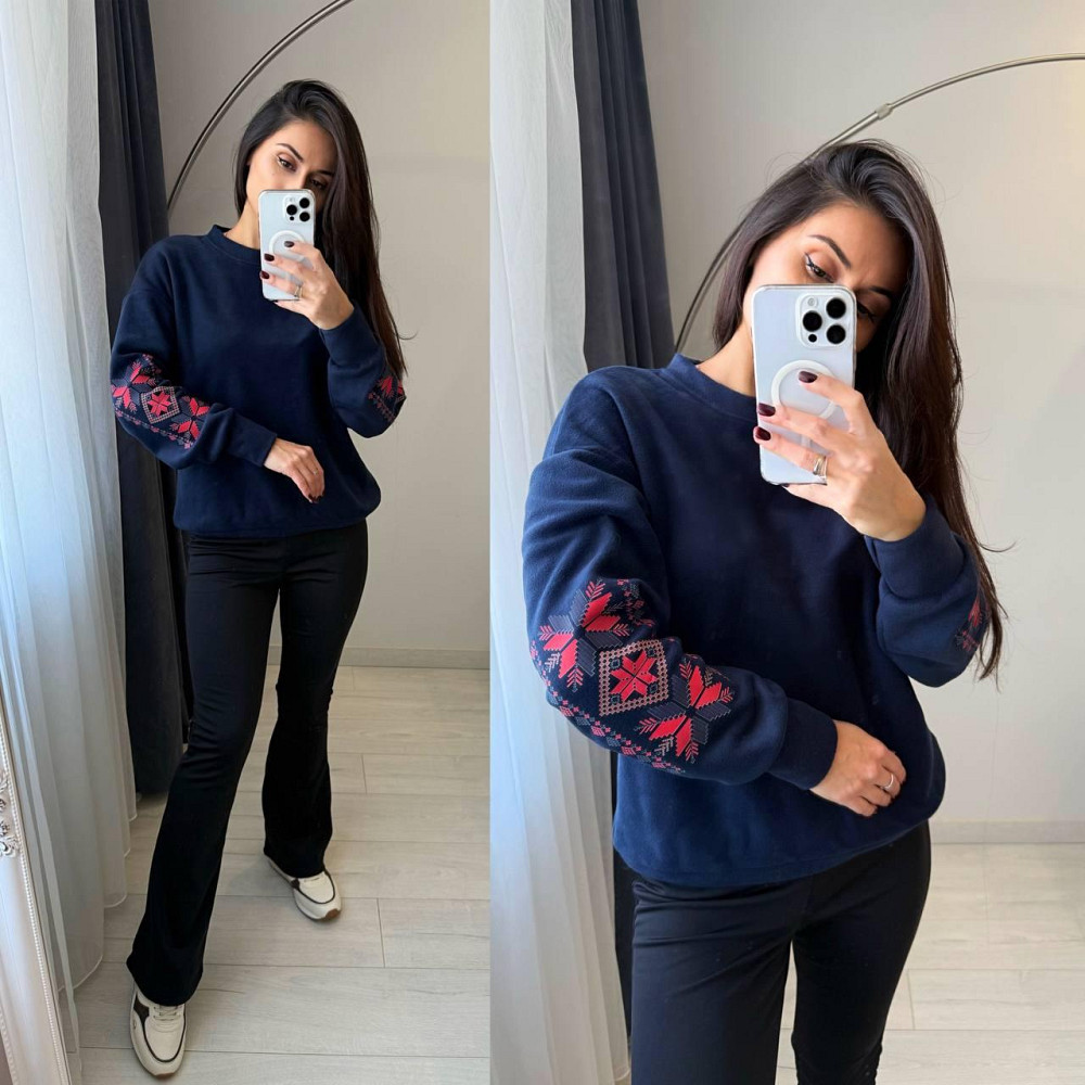 Жіночий теплий костюм: кофта з принтом і лосини двосторонній фліс + дайвінг на флісі Темно-синій, 50/52 Одеса - фото 1