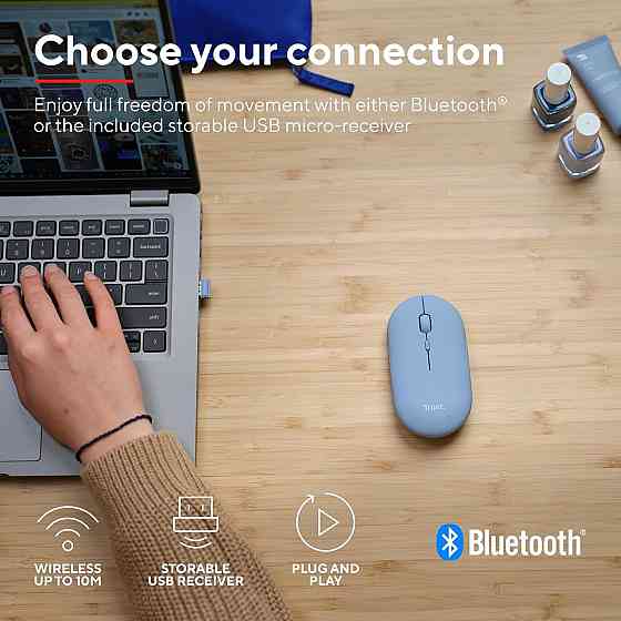 Миша Trust Puck синя бездротова акумуляторна Bluetooth/2.4 GHz (USB-мікроприймач) DPI 800/1200/1600 ергономічна безшумна Київ