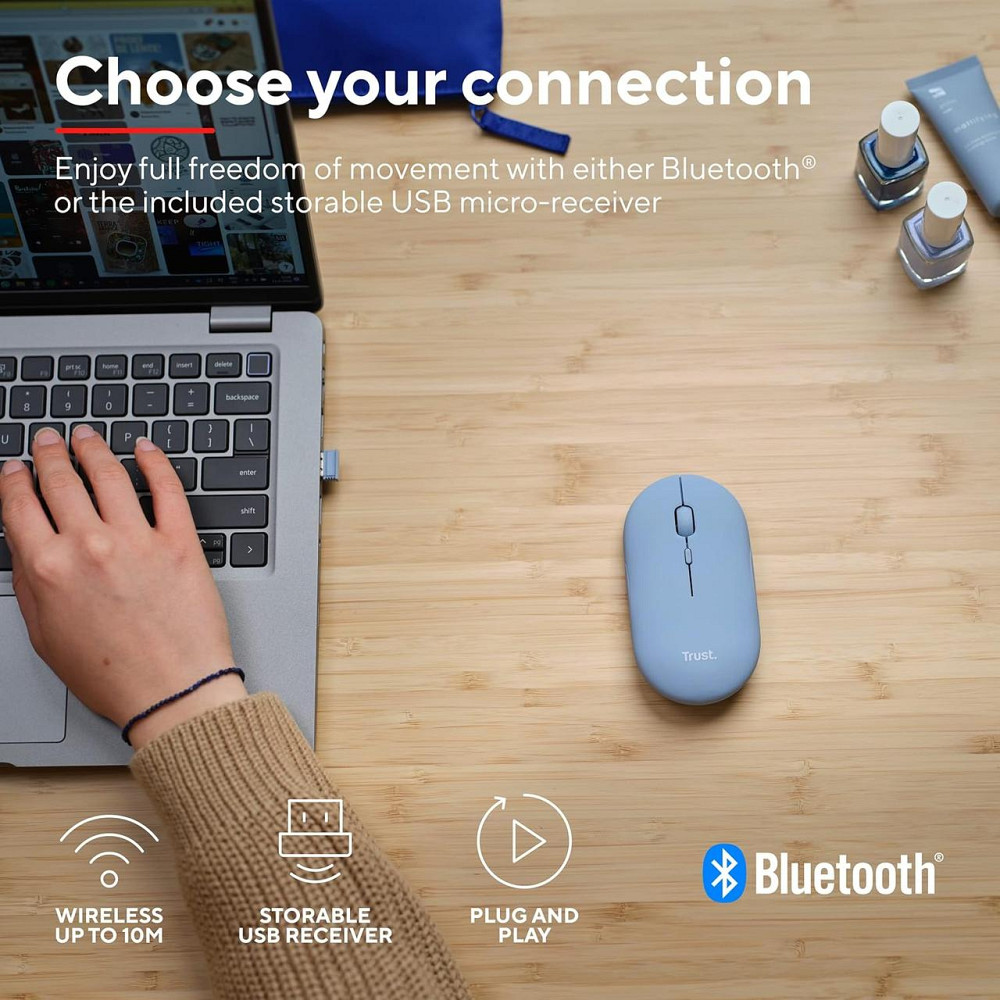 Миша Trust Puck синя бездротова акумуляторна Bluetooth/2.4 GHz (USB-мікроприймач) DPI 800/1200/1600 ергономічна безшумна Київ - фото 6