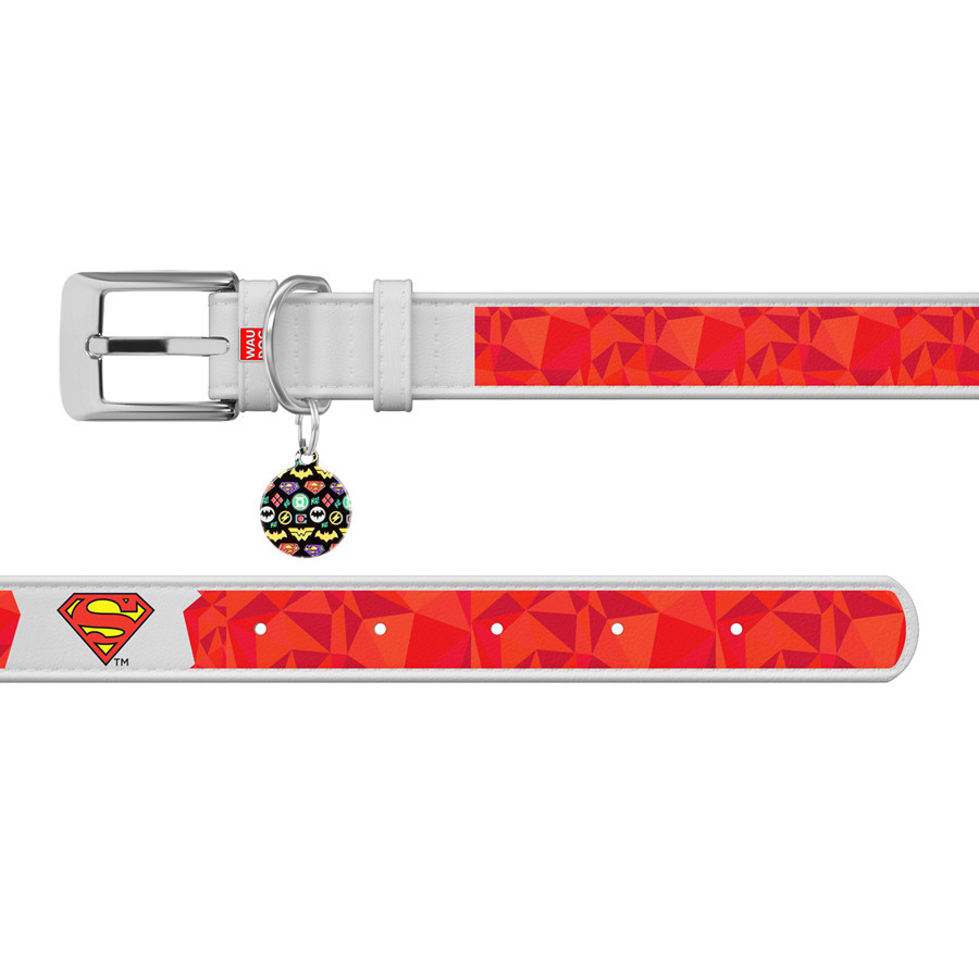 Нашийник для собак шкіряний WAUDOG Design з QR-паспортом, малюнок "Супермен1", Ш 25 мм, Д 38-49 см, білий Вінниця - фото 3