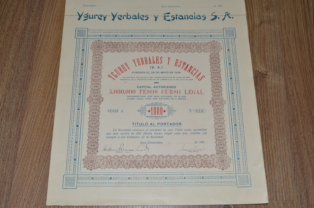 Акція. Ygurey Yerbales y Estancias S. A. 1926 рік №813 (33) 38*30 Полтава - фото 1