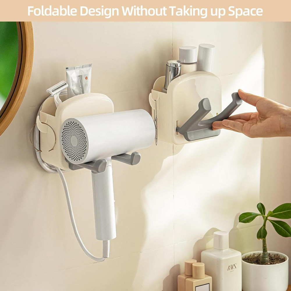 Тримач для фена Toski TSK-FoldableHDHW-WH-DE кремовий самоклейний без свердління складаний ABS з пазом для кабелю та гачками для Київ - фото 5