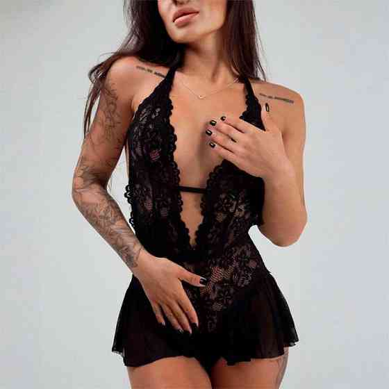 Сексуальний боді-пеньюар із відкритою спиною чорний — S/M — Еротична білизна Вінниця