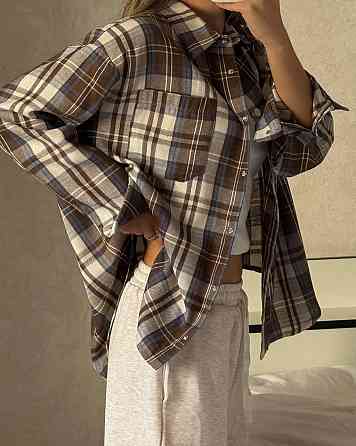 Женская трендовая оверсайз рубашка в клетку турецкий поликотон Мокко Одесса
