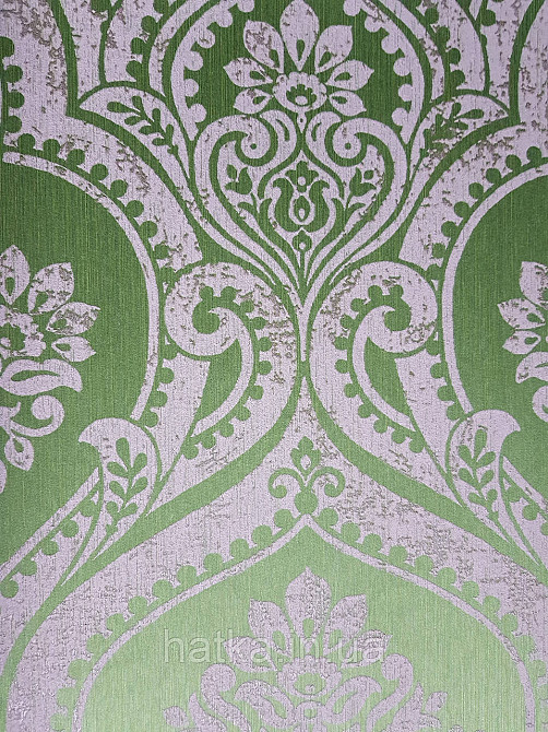 Шпалери текстильні еко 0.53х10.05 Rasch Textil Valentina класика вензелі дамаски сірі на зеленому салатовому Київ - фото 2