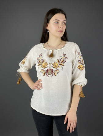 Лляна вишиванка з Петриківським орнаментом в коричневих тонах Київ