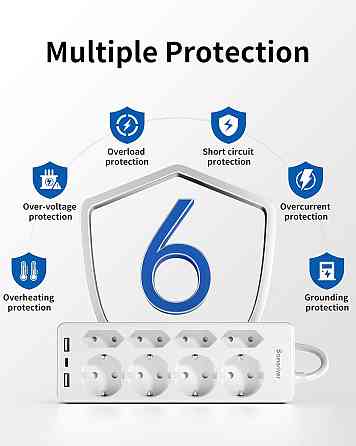 Подовжувач на 8 розеток 2*USB, 1*Type C із захистом від перенапруги Sameriver ZYC52 Луцк