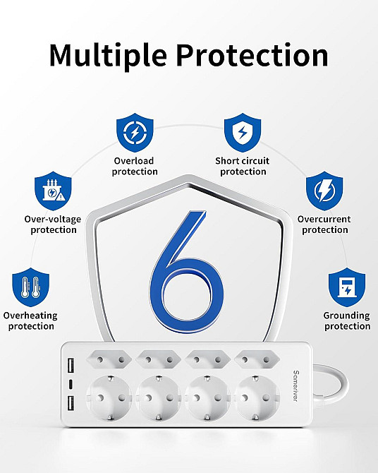Подовжувач на 8 розеток 2*USB, 1*Type C із захистом від перенапруги Sameriver ZYC52 Луцк - изображение 4