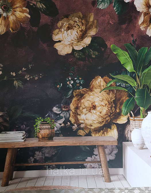 Шпалери вінілові Grandeco One roll one motif 1.59x2.8 панно квіти півонії великі на бордовому Київ - фото 1