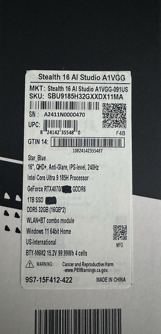 Ноутбук MSI Stealth 16 i9rtx4070 1TB Київ - фото 1