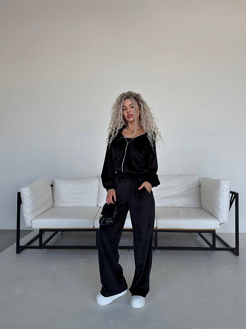 Женский велюровый костюм тройка: кофта корсет и штаны Черный, 48/52 Одесса - изображение 4