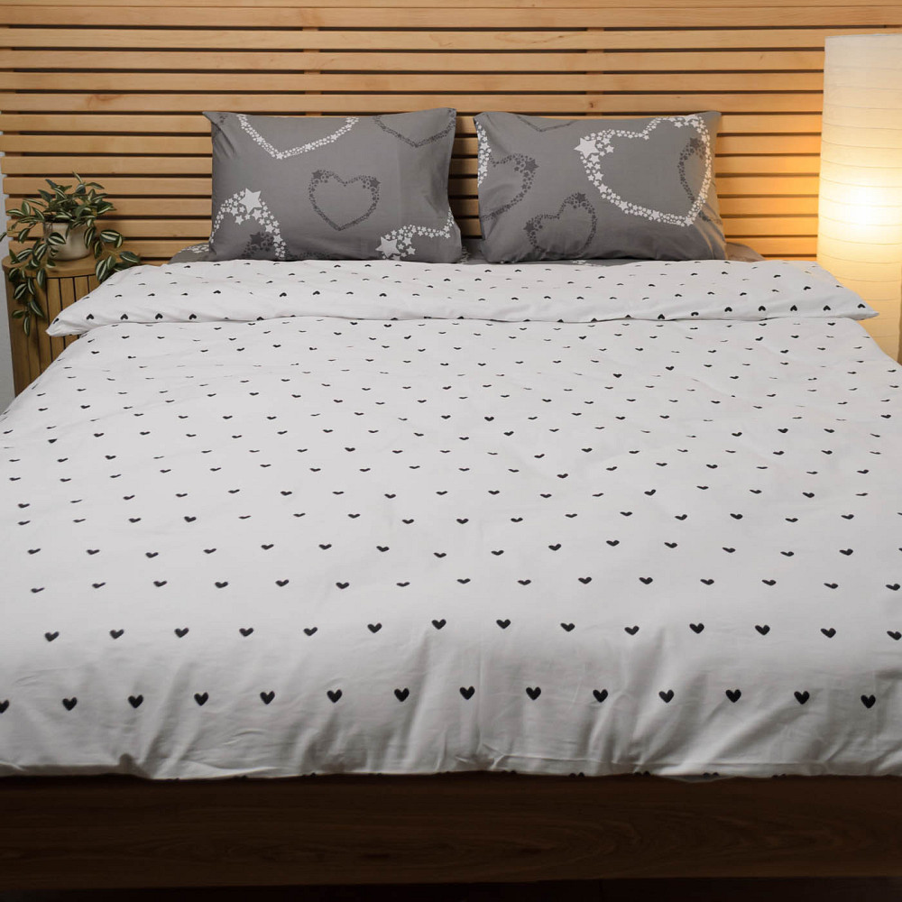 Євро комплект постільної білизни Сатин Тандем 125 г/м2 YouStar (Білий з сірим) 2 х 70х70 Суми - фото 1