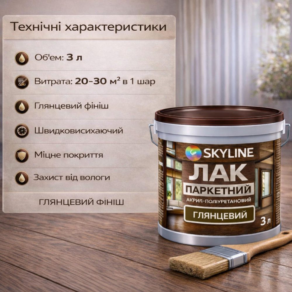 Лак для підлоги глянцевий Skyline паркетний, акрил-поліуретановий, водний, зносостійкий, без запаху, 3 л Харків - фото 10