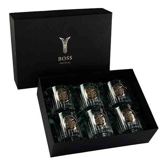 Набір для віскі "МИТНИЦЯ" 6 келихів 360 мл, кришталь з платиною, зображення зі срібла з позолотою Рівне